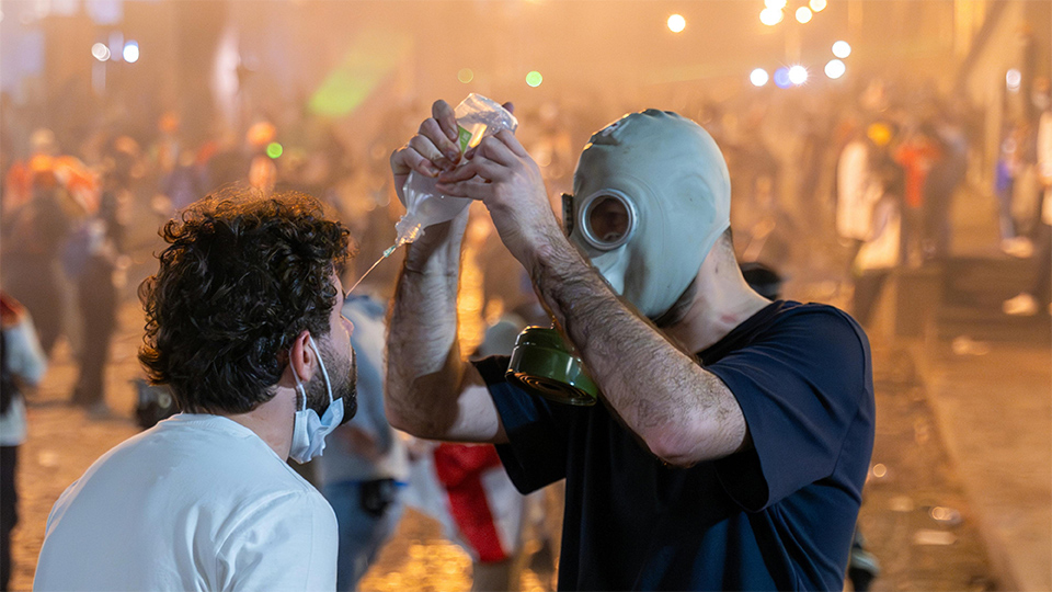 Protest Scene in Tbilisi, Georgia at Night