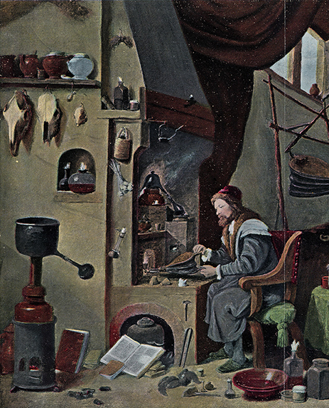 Απεικόνιση αλχημιστή στο εργαστήριό του τον 17ο αιώνα